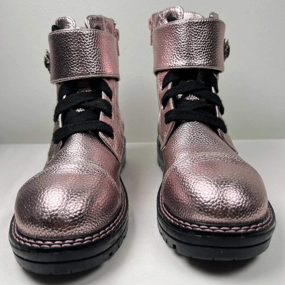 Kurt Geiger London Quilted Pink Metallic Leather Combat Ankle Boots Size 3